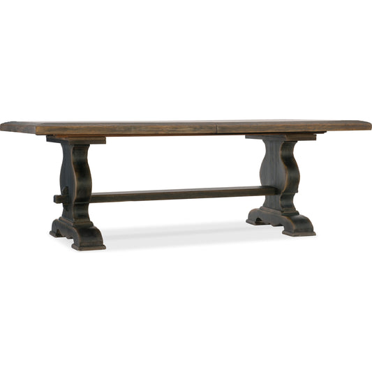 Bandera Dining Table by Hooker Furniture in saddle brown, anthracite black. Made from white oak, walnut veneers with resin in a traditional style.