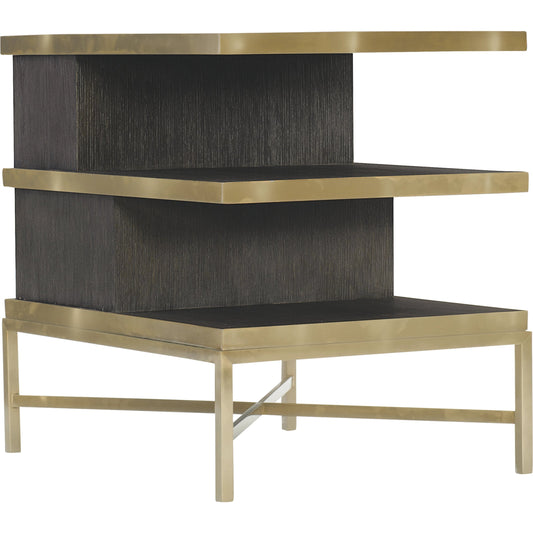 Beaumont Side Table by Bernhardt in charcoal, brass. Made from rubberwood, quartered oak veneers, tubular stainless steel in a modern style.