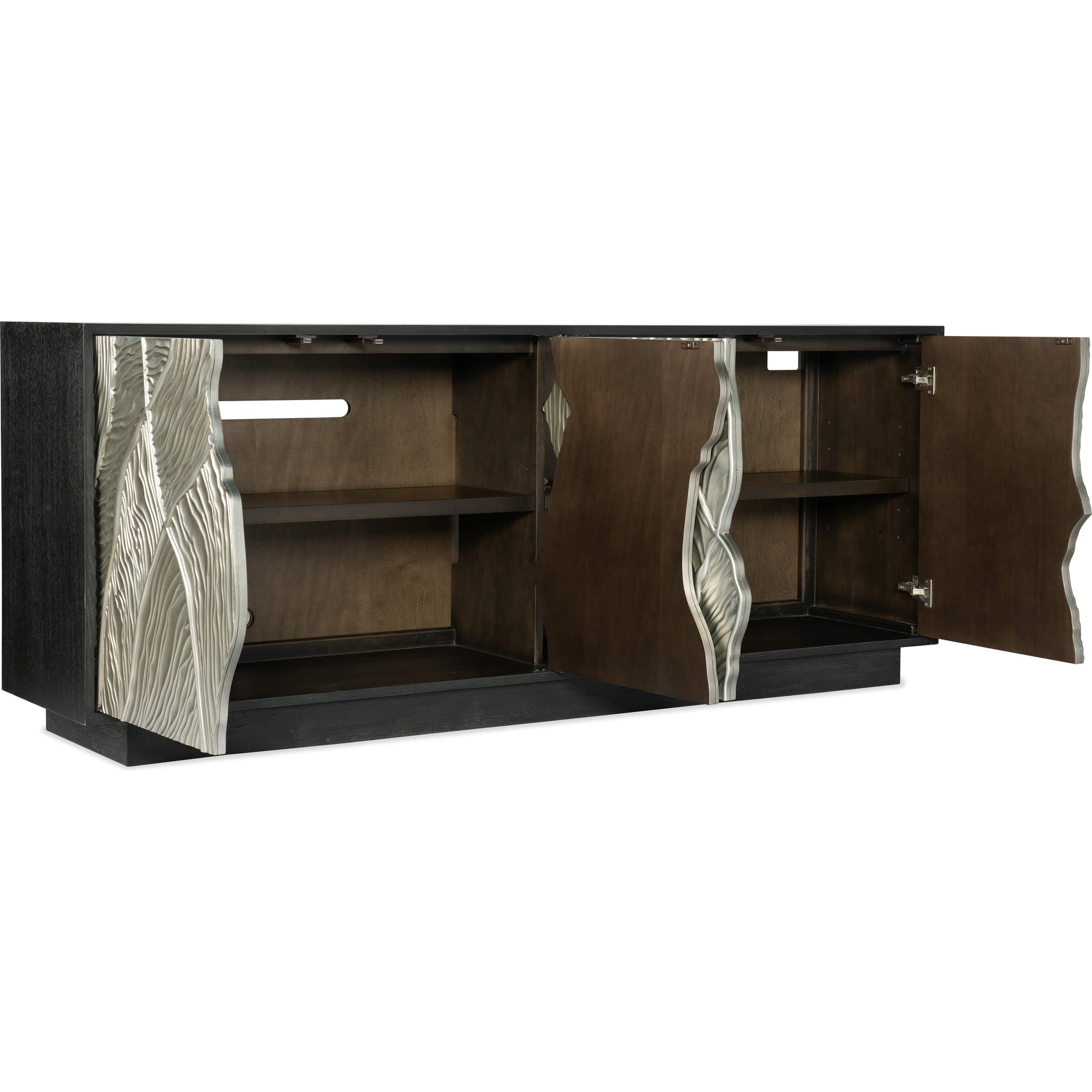 Melange Summit Gorge Entertainment Console by Hooker Furniture in black. Made from oak veneers, resin in a modern style.