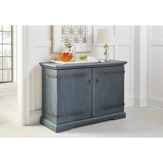 Alcove Bar Cabinet by A.R.T. Furniture in slate blue. Made from acacia solids, maple veneers, metal in a transitional style.