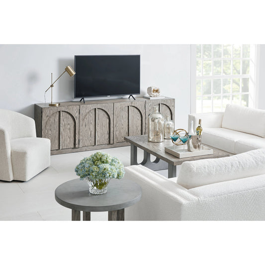 Vault Round Chair Side Table by A.R.T. Furniture in gray and mink. Made from parawood solids, white oak veneers, resin in a modern style.