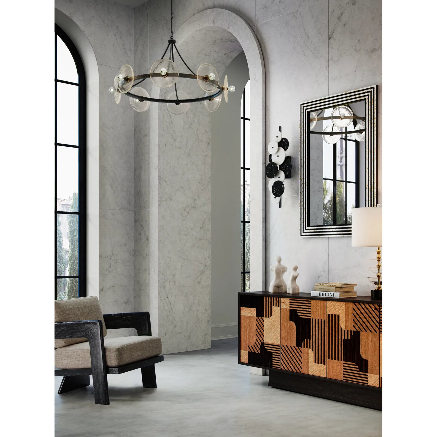 012 SI-2133964 | Lifestyle | Inyo Wall Sconce by Currey and Company in natural, satin black. Made from alabaster, marble, metal in a modern style.