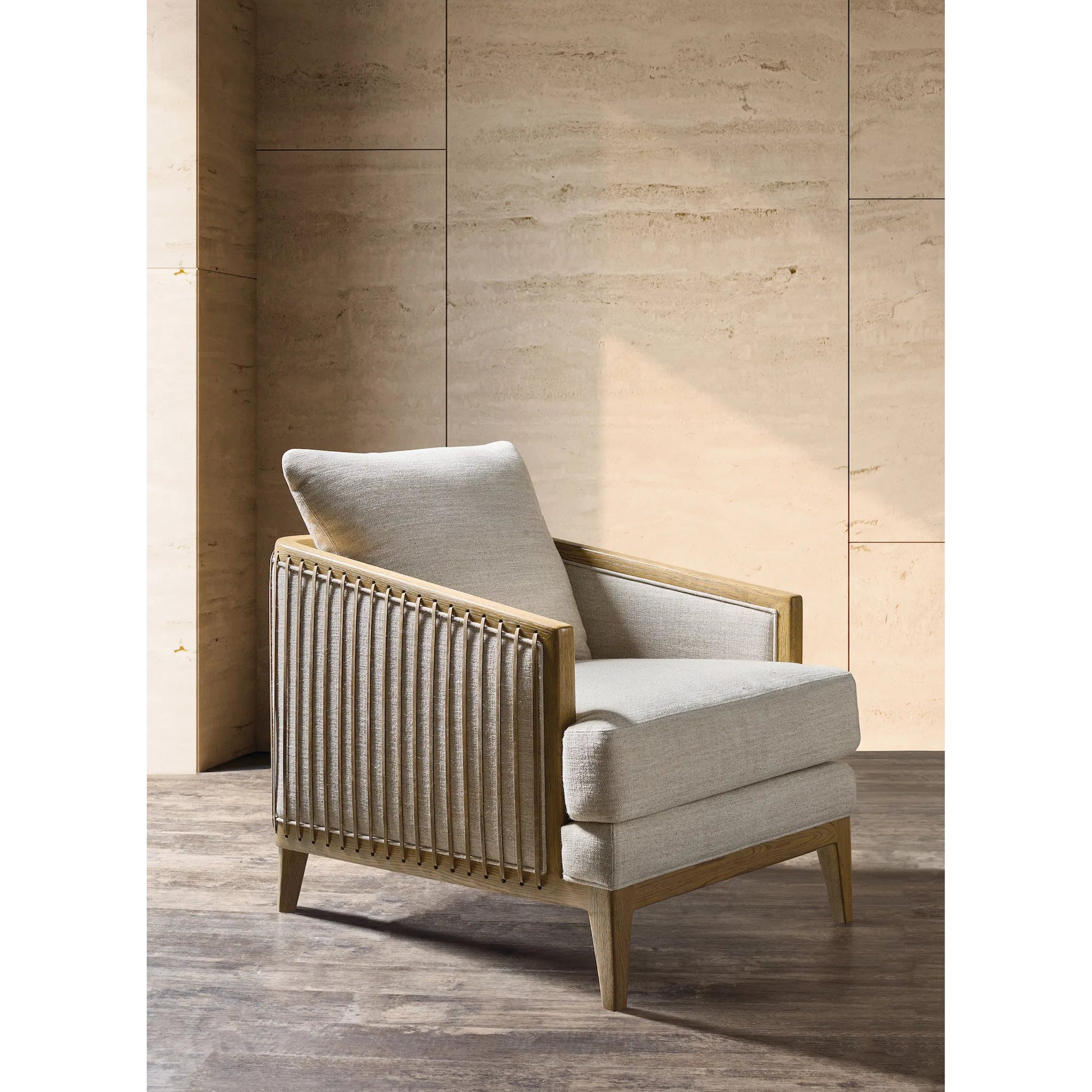 Enveyed Stationary Chair by Hooker Furniture in classic linen and cashew. Made from fabric in a transitional style.
