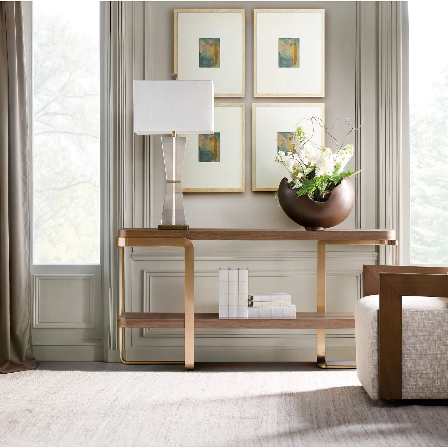 003 SI-2458580 | Lifestyle | Eleana Console Table by Hooker Furniture in light caramel, sunlit bronze metal. Made from walnut veneers, metal in a modern style.