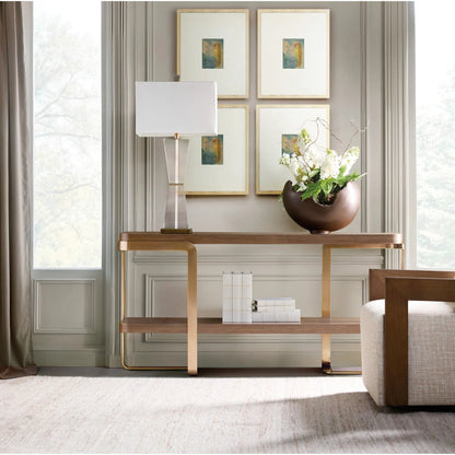 Eleana Console Table by Hooker Furniture in light caramel, sunlit bronze metal. Made from walnut veneers, metal in a modern style.