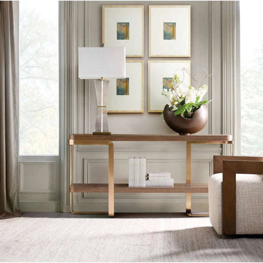 Eleana Console Table by Hooker Furniture in light caramel, sunlit bronze metal. Made from walnut veneers, metal in a modern style.
