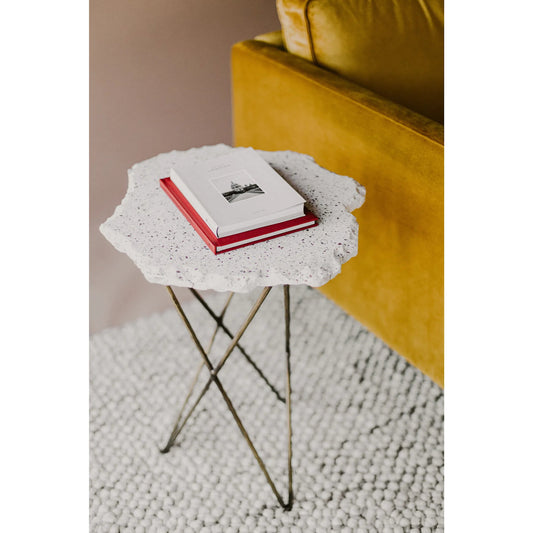 Positano Terrazzo Side Table by Moe's Home Collection in white. Made from white terrazzo top, antique brass finished iron base, mdf in a unique style.