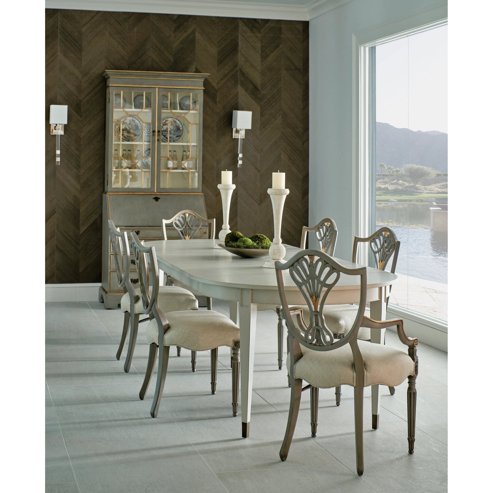 Timeless Synodic Swedish Dining Table by Jonathan Charles in london mist. Made from acacia, brass in a unique style.