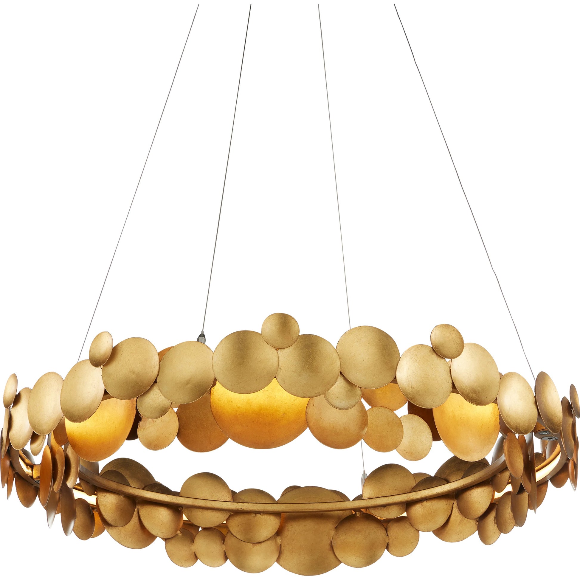 Lavengro Chandelier by Currey and Company in contemporary gold leaf, white. Made from wrought iron, acrylic in a modern style.