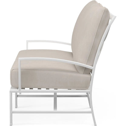 Bristol Outdoor Loveseat in Canvas Flax w/ Self Welt by Sunset West in white. Made from aluminum in a modern style.