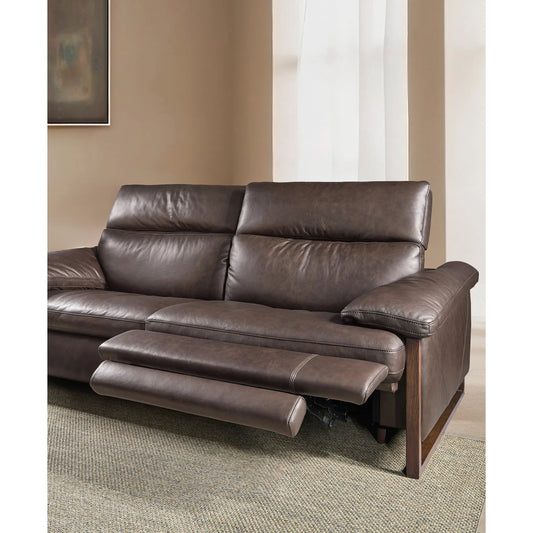 Jericho Power Sofa with Power Headrest by Hooker Furniture in dark wood. Made from leather in a traditional style.