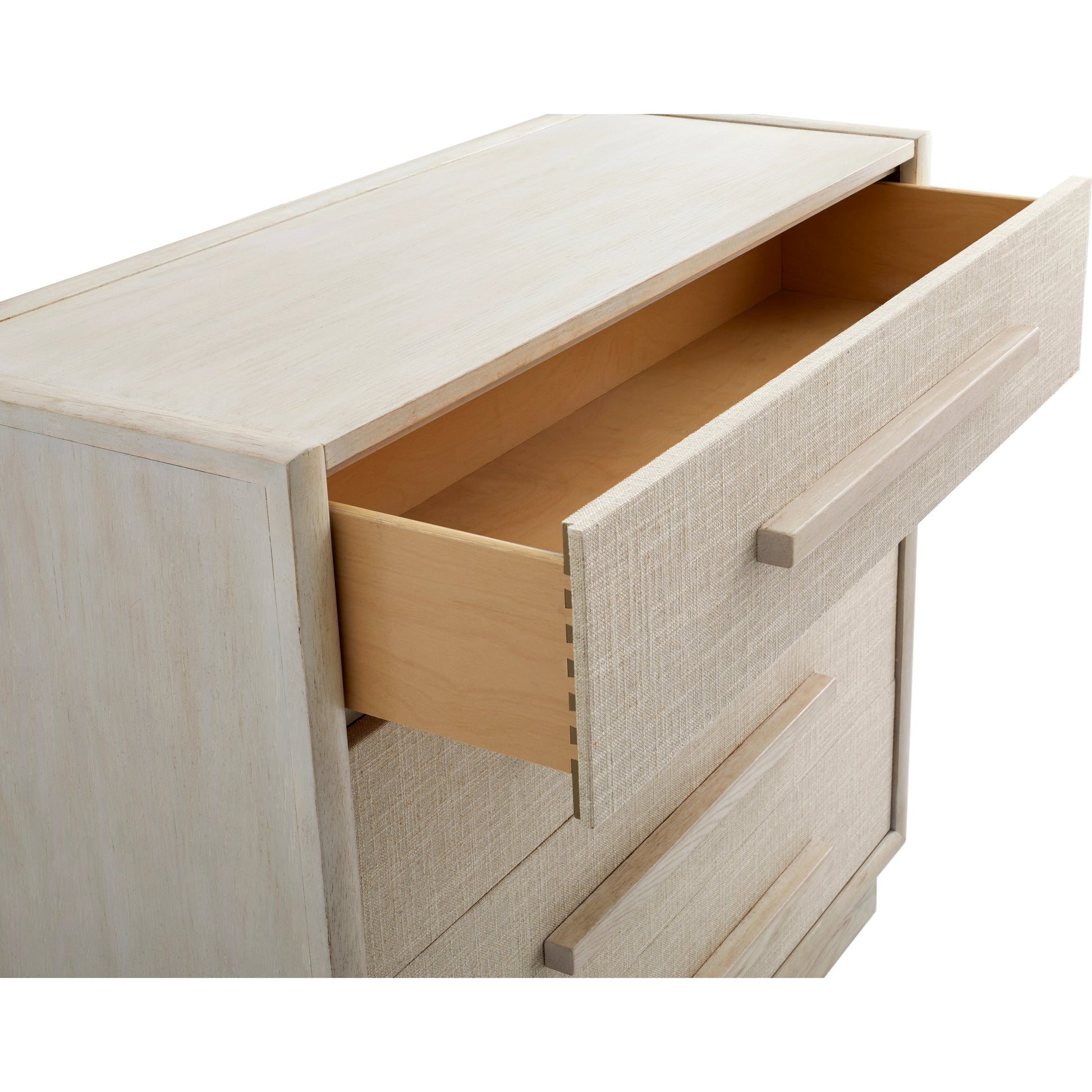 Cotiere Drawer Chest by A.R.T. Furniture in beige and linen. Made from parawood solids, mixed split cathedral quarter-wite oak veneer, fabric in a modern style.