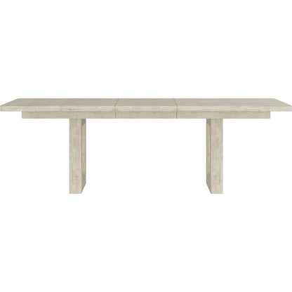 Cotiere Extension Dining Table by A.R.T. Furniture in linen. Made from parawood solids, mixed split cathedral, quarter white oak veneers, fabric in a transitional style.
