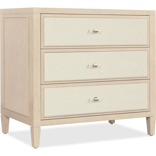 Melange Be My Guest Nightstand by Hooker Furniture in beige and polished limestone, oak veneers. Made from oak veneers, fabric, 100% polyester in a transitional style.