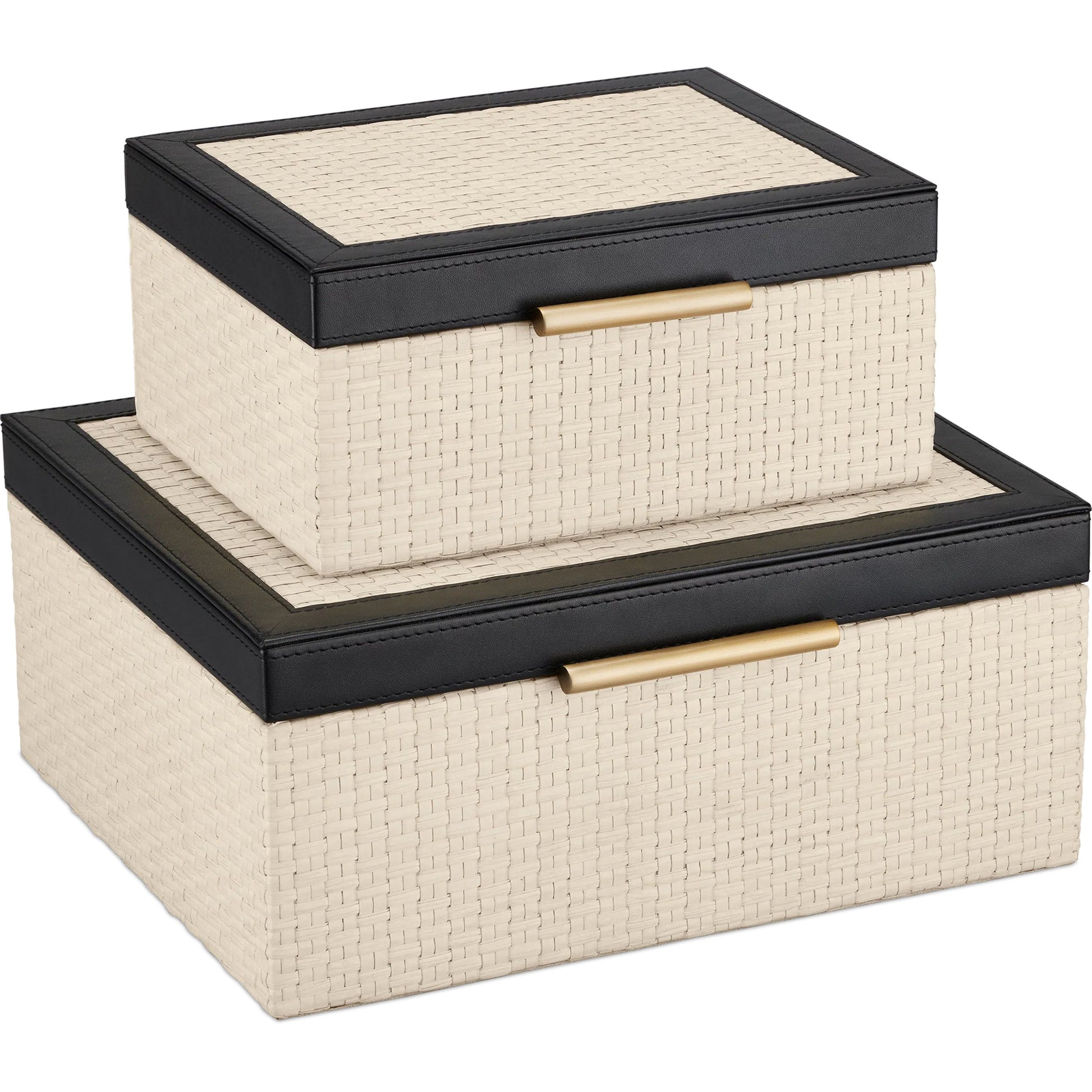 Deanna Box Set by Currey and Company in ivory, black, light antique brass, beige. Made from raffia, leather, brass, microsuede, mdf in a modern style.