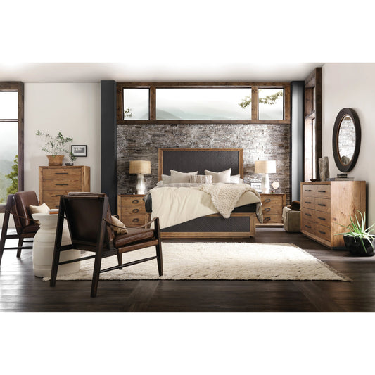 Big Sky Three Drawer Nightstand by Hooker Furniture in vintage natural. Made from pecky hickory veneers, cedar, solid-wood edged top in a modern style.