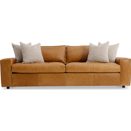 Nest Leather Sofa by Bernhardt in tan. Made from leather, polyfoam core, polyester fibers, waterfowl feathers, waterfowl down in a traditional style.