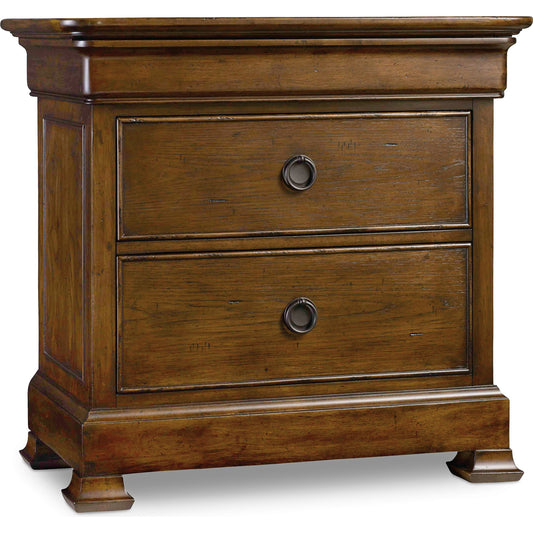 Archivist Nightstand by Hooker Furniture in pecan. Made from pecky pecan veneers, felt in a unique style.
