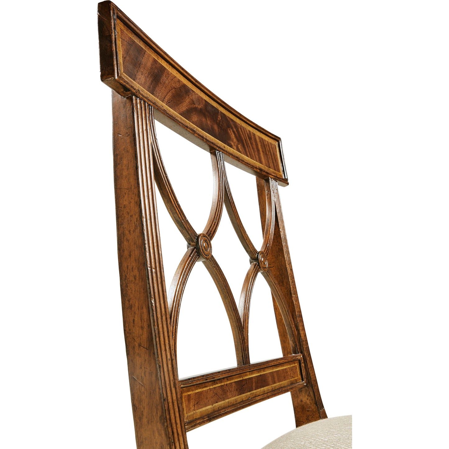 008 SI-1991053 | Closeup | Buckingham Regency Mahogany Curved Back Side Chair by Jonathan Charles in medium antique mahogany. Made from acacia in a modern style.