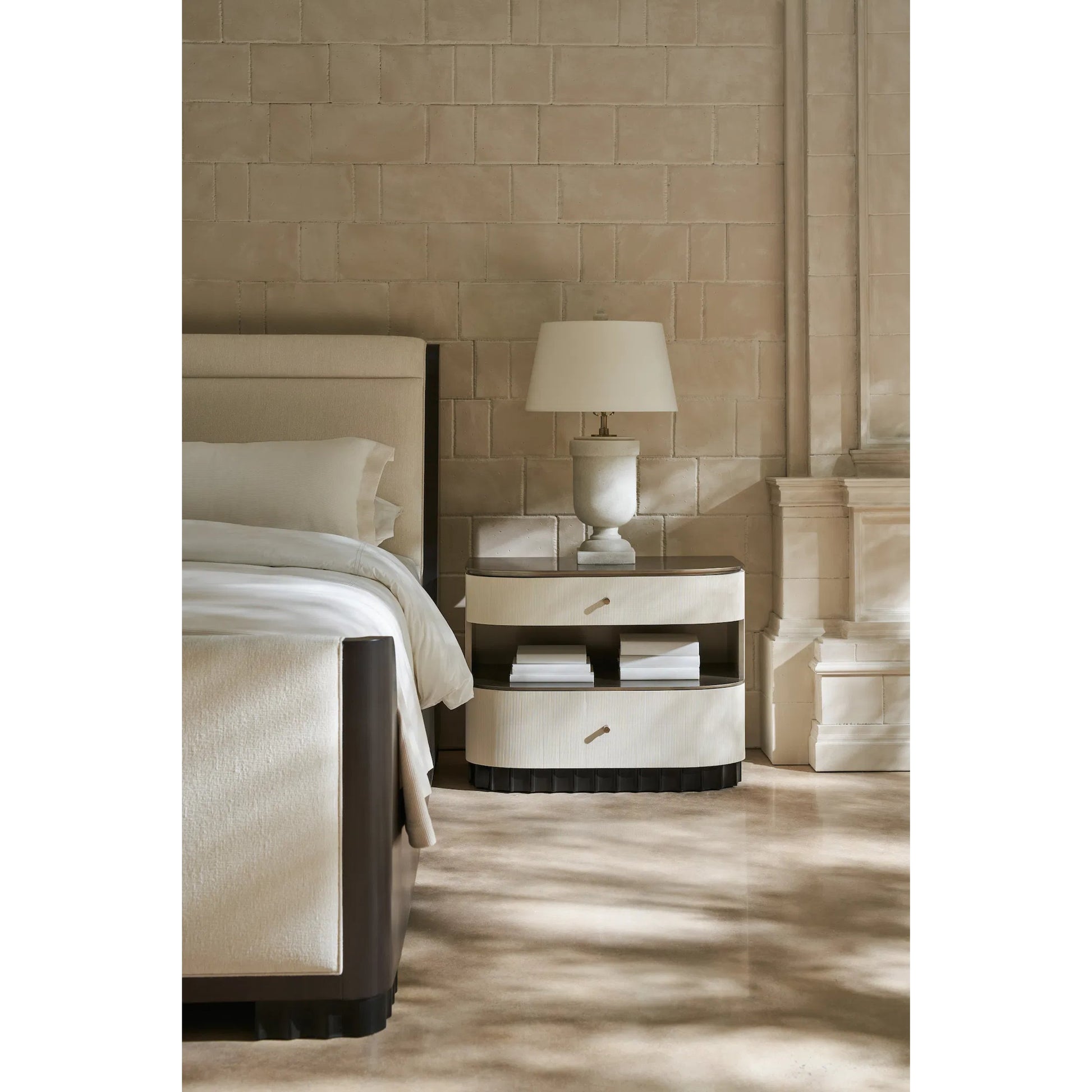 Deep Sleep Nightstand by Caracole in ivory, gold, dark chocolate and ivory, dark chocolate, brushed whisper of gold paint. Made from poplar in a modern style.