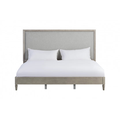 Zest Upholstered Bed with Nailhead Trim by Zest in greige. Made from rubberwood, oak veneer, fabric in a modern style.