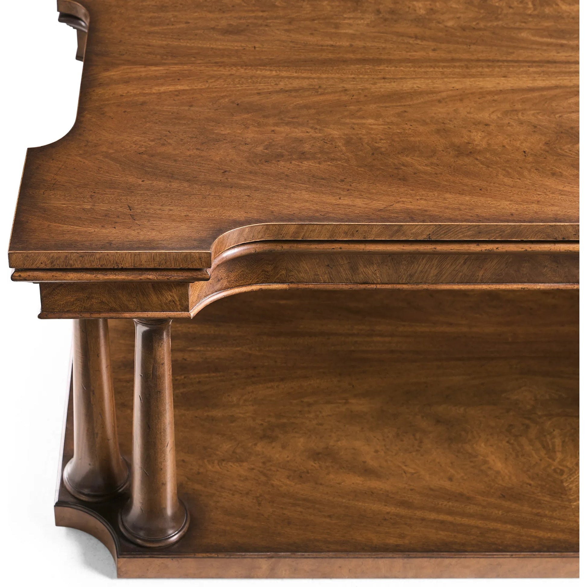 Hattie Cocktail Table by Jonathan Charles in medium crotch walnut. Made from main cerejeira veneer in a unique style.