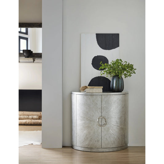 Melange Deserie Demilune Chest by Hooker Furniture in silver. Made from oak veneers in a modern style.