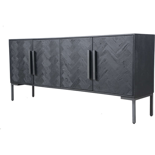Fishbone Sideboard by Moe's Home Collection in black. Made from mango cabinet, reclaimed wood doors, iron legs, mdf back in a modern style.