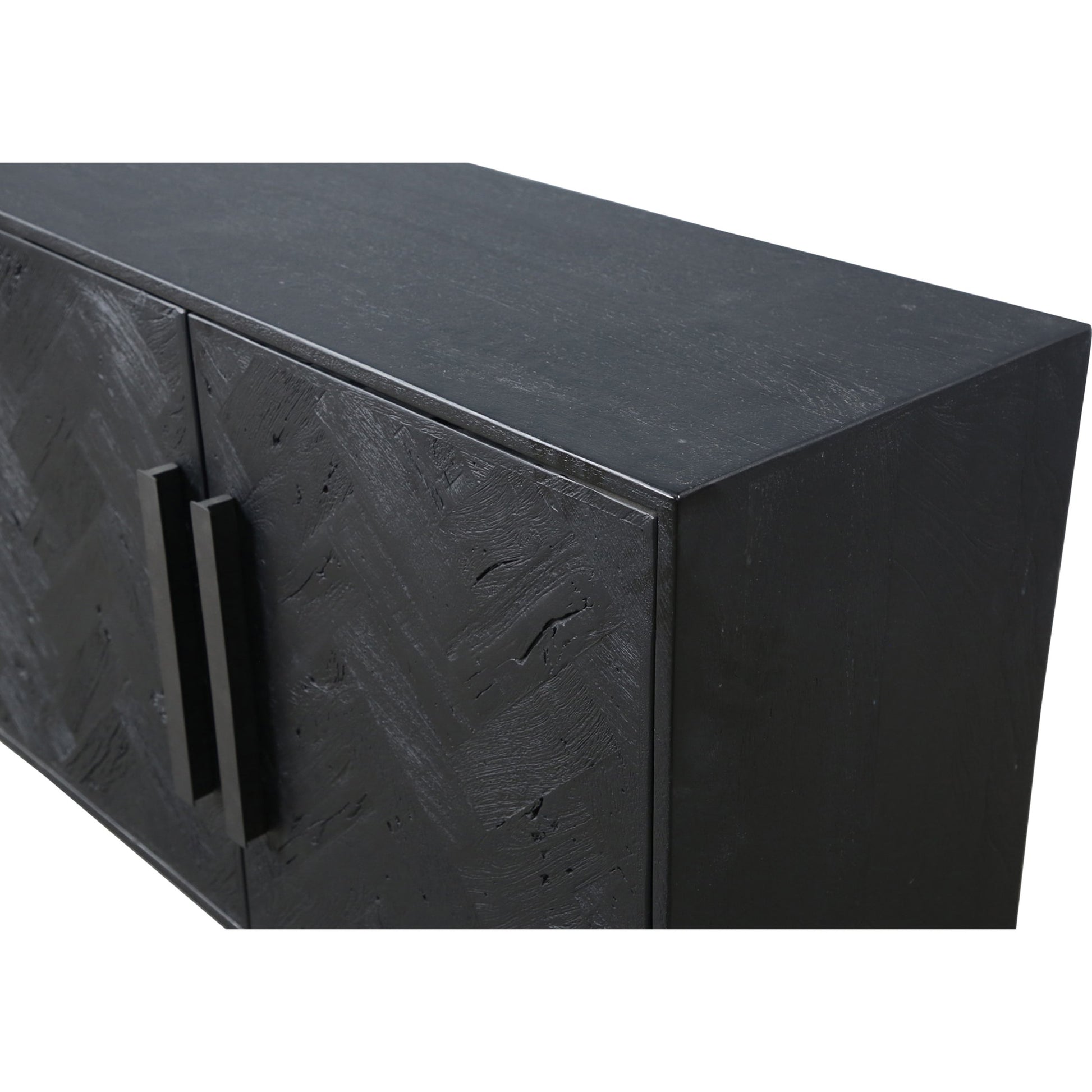 Fishbone Sideboard by Moe's Home Collection in black. Made from mango cabinet, reclaimed wood doors, iron legs, mdf back in a modern style.