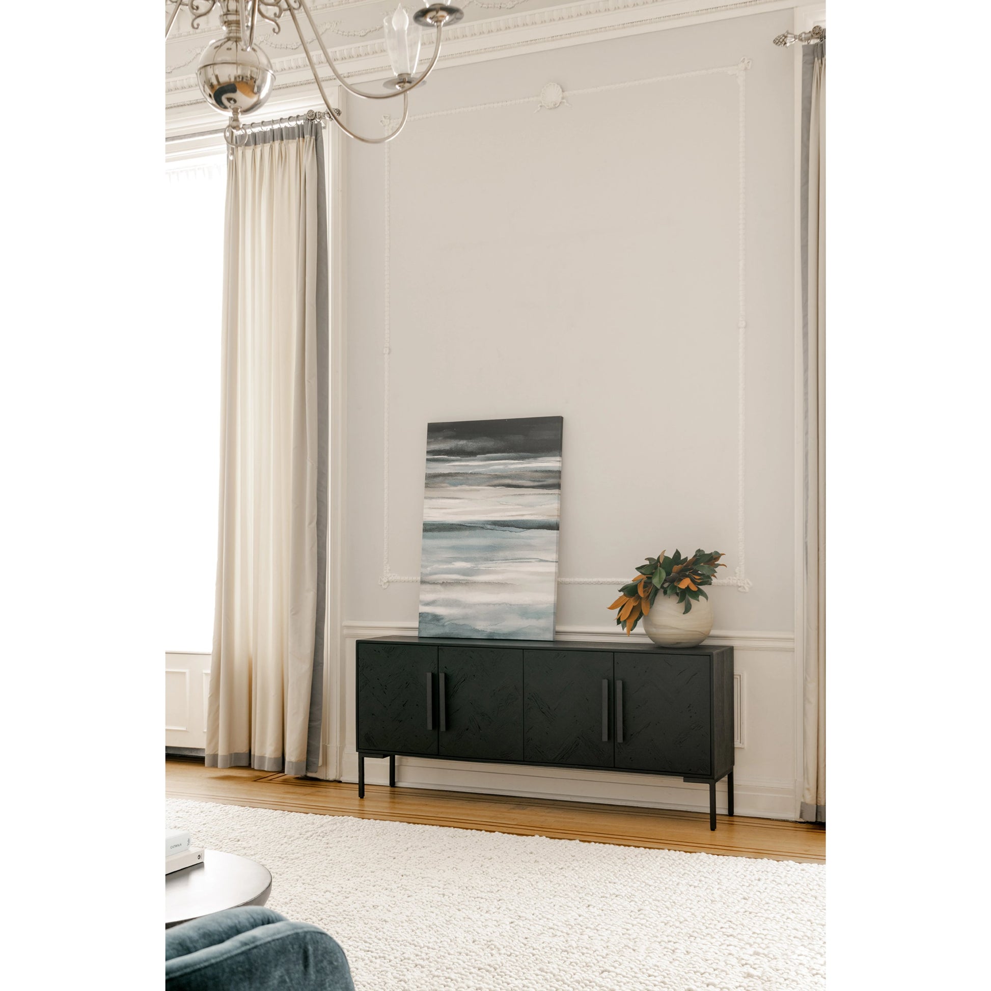 Fishbone Sideboard by Moe's Home Collection in black. Made from mango cabinet, reclaimed wood doors, iron legs, mdf back in a modern style.