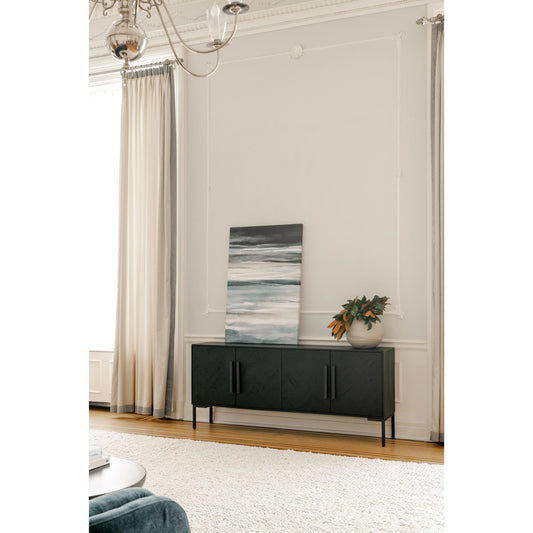 Fishbone Sideboard by Moe's Home Collection in black. Made from mango cabinet, reclaimed wood doors, iron legs, mdf back in a modern style.