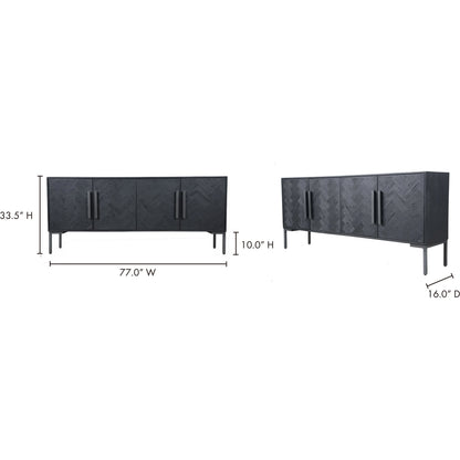 Fishbone Sideboard by Moe's Home Collection in black. Made from mango cabinet, reclaimed wood doors, iron legs, mdf back in a modern style.