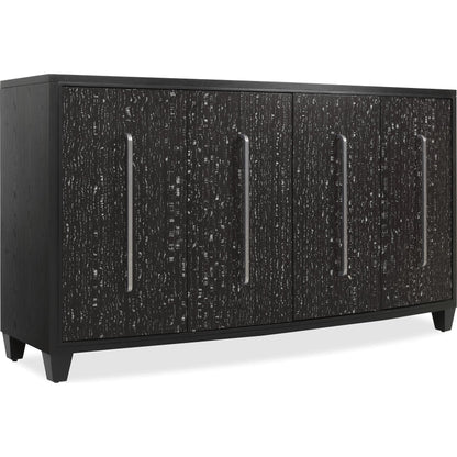 Melange Midnight Credenza by Hooker Furniture in black, black white veneer. Made from oak veneers, engineered veneers, fabric, 100% polyester in a modern style.