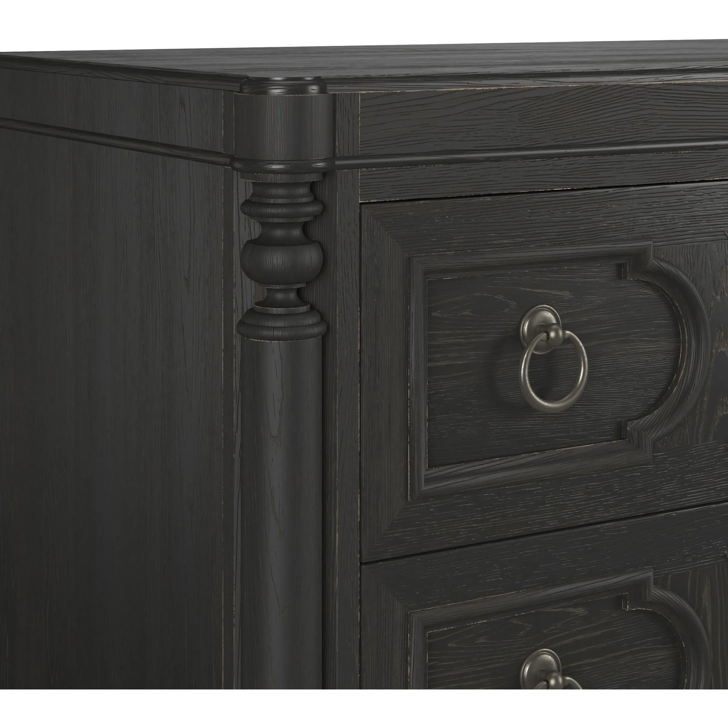 005 SI-2453360 | Closeup | Atrium 3 Drawer Chest by A.R.T. Furniture in hand rubbed black, undertones of brown. Made from unique in a traditional style.