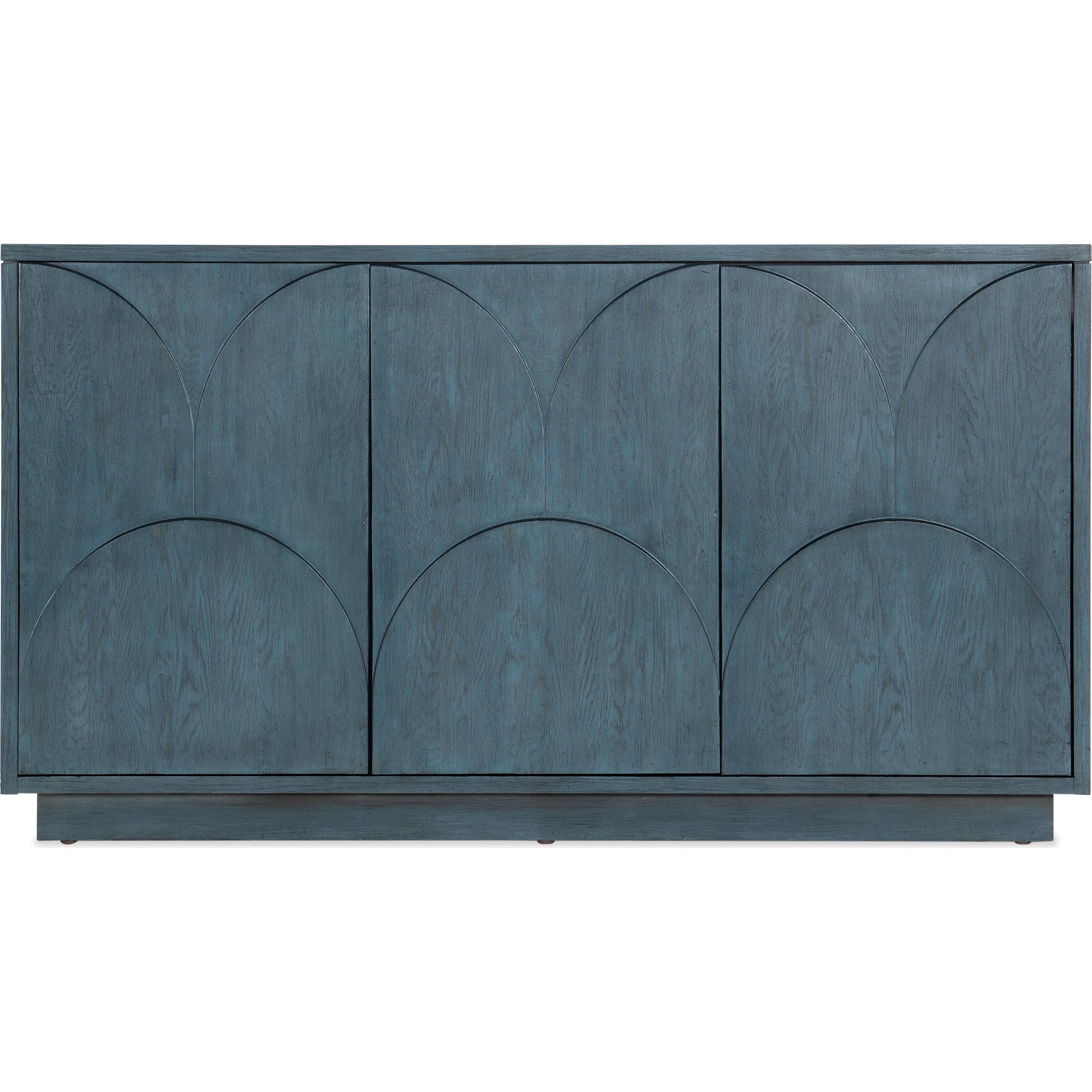 Melange Round Valley Three Door Entertainment Credenza by Hooker Furniture in blue. Made from oak veneers in a modern style.