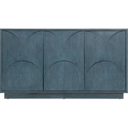 Melange Round Valley Three Door Entertainment Credenza by Hooker Furniture in blue. Made from oak veneers in a modern style.