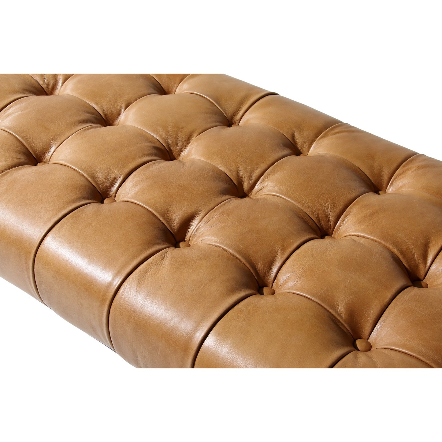 011 SI-1771891 | Closeup | Wyatt Leather Bench by Moe's Home Collection in brown. Made from top-grain leather, iron base, solid eucalyptus wood seat frame in a modern style.