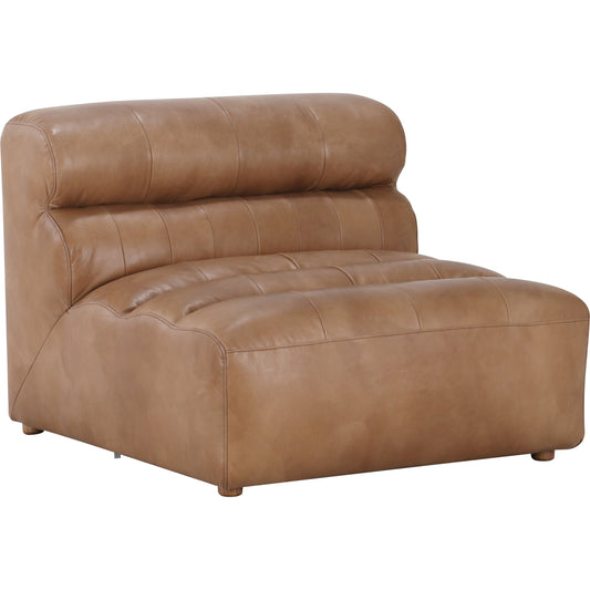 Ramsay Leather Slipper Chair by Moe's Home Collection in brown. Made from upholstery: top-grain leather, feather, fiber-fill topper foam, solid pine, plywood frame, spring support in a transitional style.