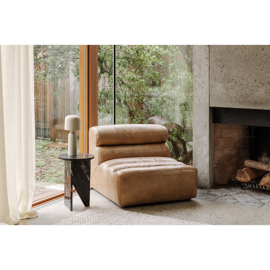 Ramsay Leather Slipper Chair by Moe's Home Collection in brown. Made from upholstery: top-grain leather, feather, fiber-fill topper foam, solid pine, plywood frame, spring support in a transitional style.