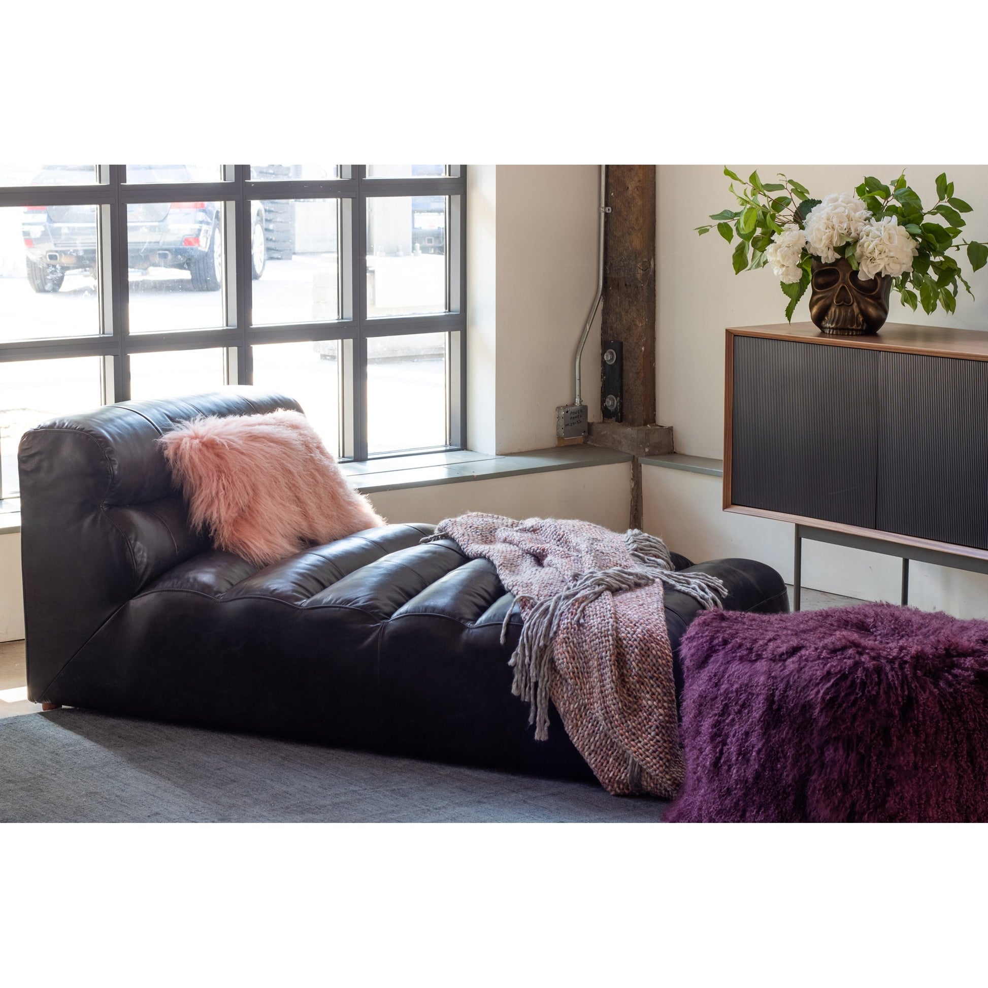 Ramsay Chaise by Moe's Home Collection in brown. Made from upholstery: top-grain leather, feather, fiber-fill topper foam, solid pine, plywood frame, spring support in a modern style.