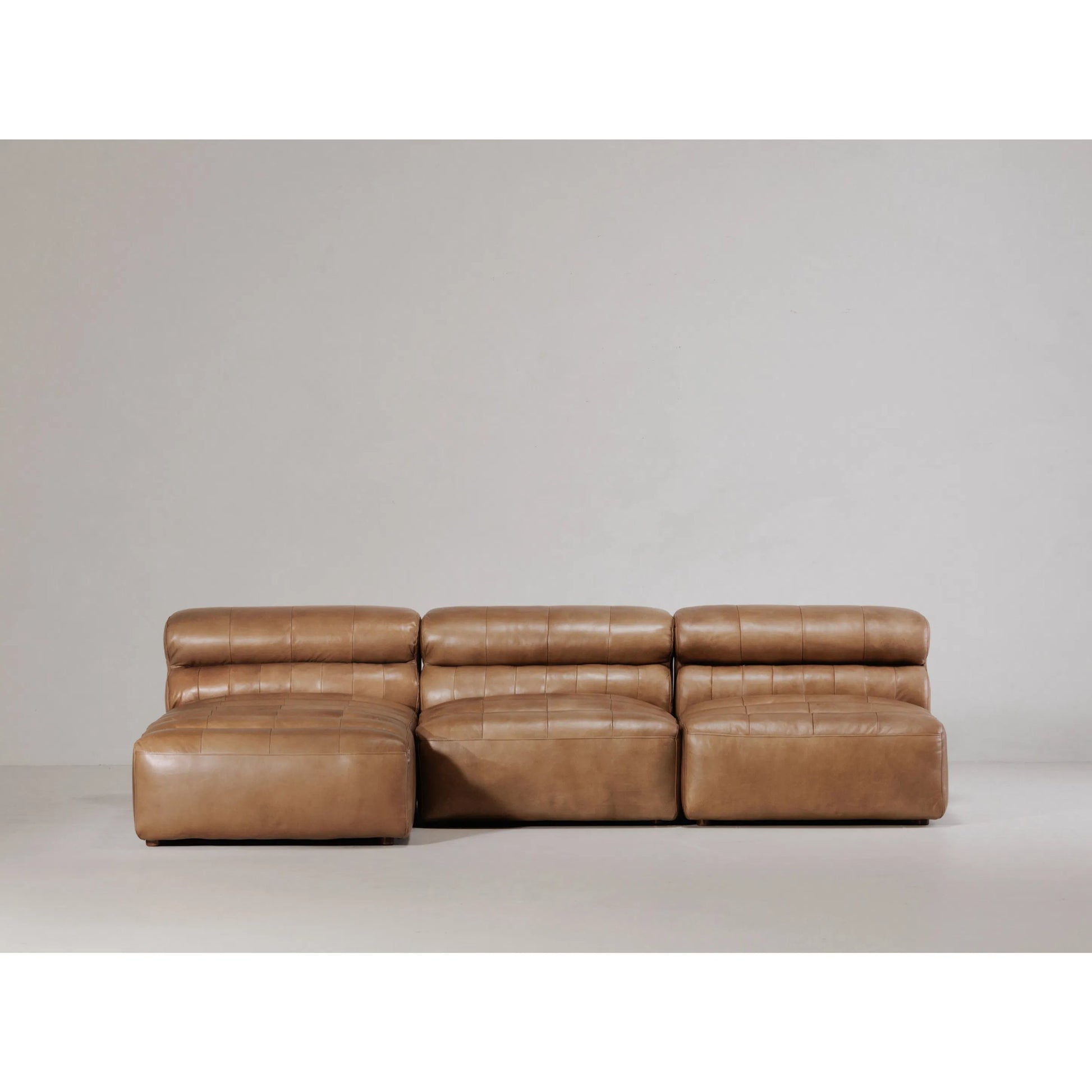 Ramsay Modular Sectional by Moe's Home Collection in brown. Made from upholstery: top-grain buffalo leather, feather, fiber-fill topper foam, solid pine, plywood frame, foam in a modern style.