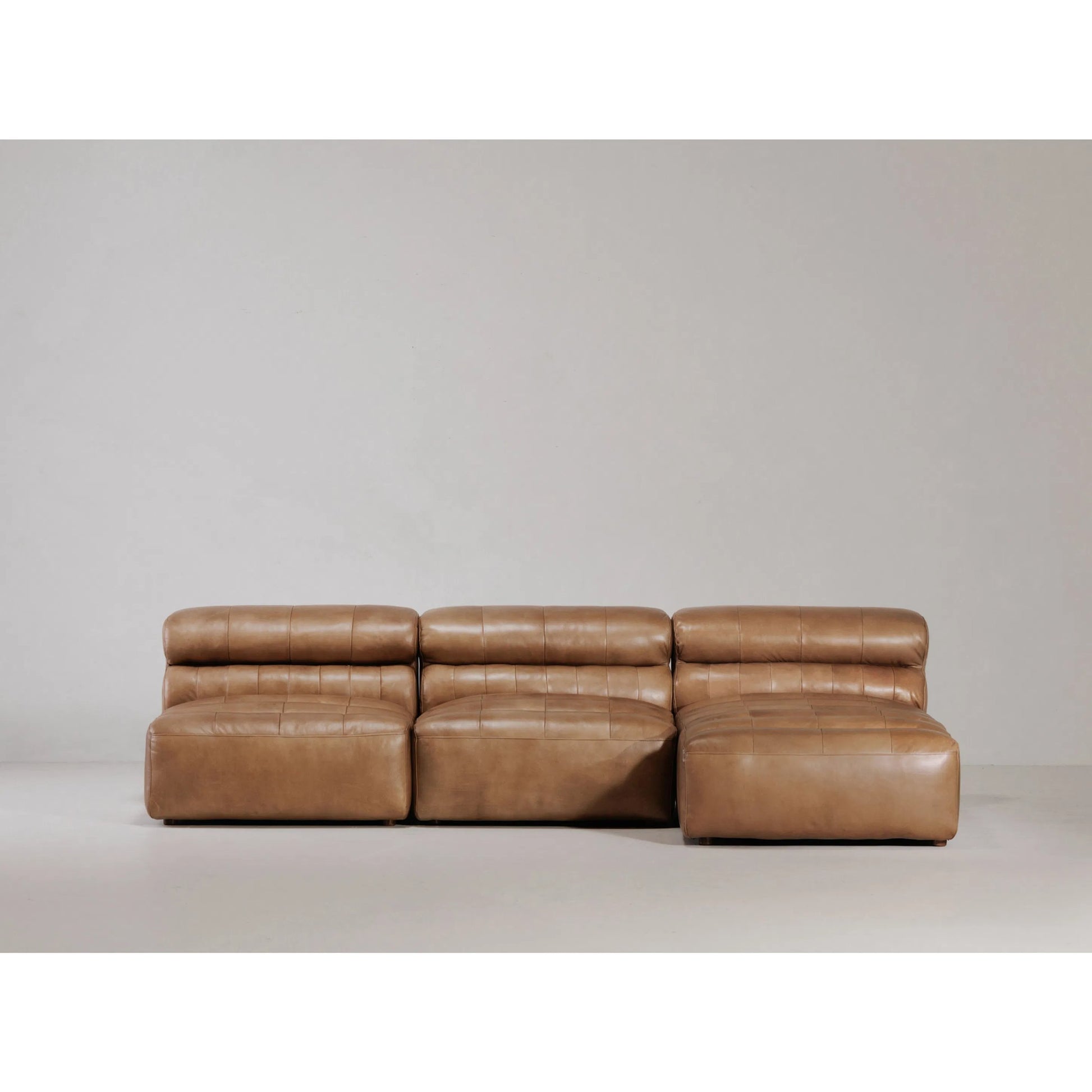Ramsay Modular Sectional by Moe's Home Collection in brown. Made from upholstery: top-grain buffalo leather, feather, fiber-fill topper foam, solid pine, plywood frame, foam in a modern style.