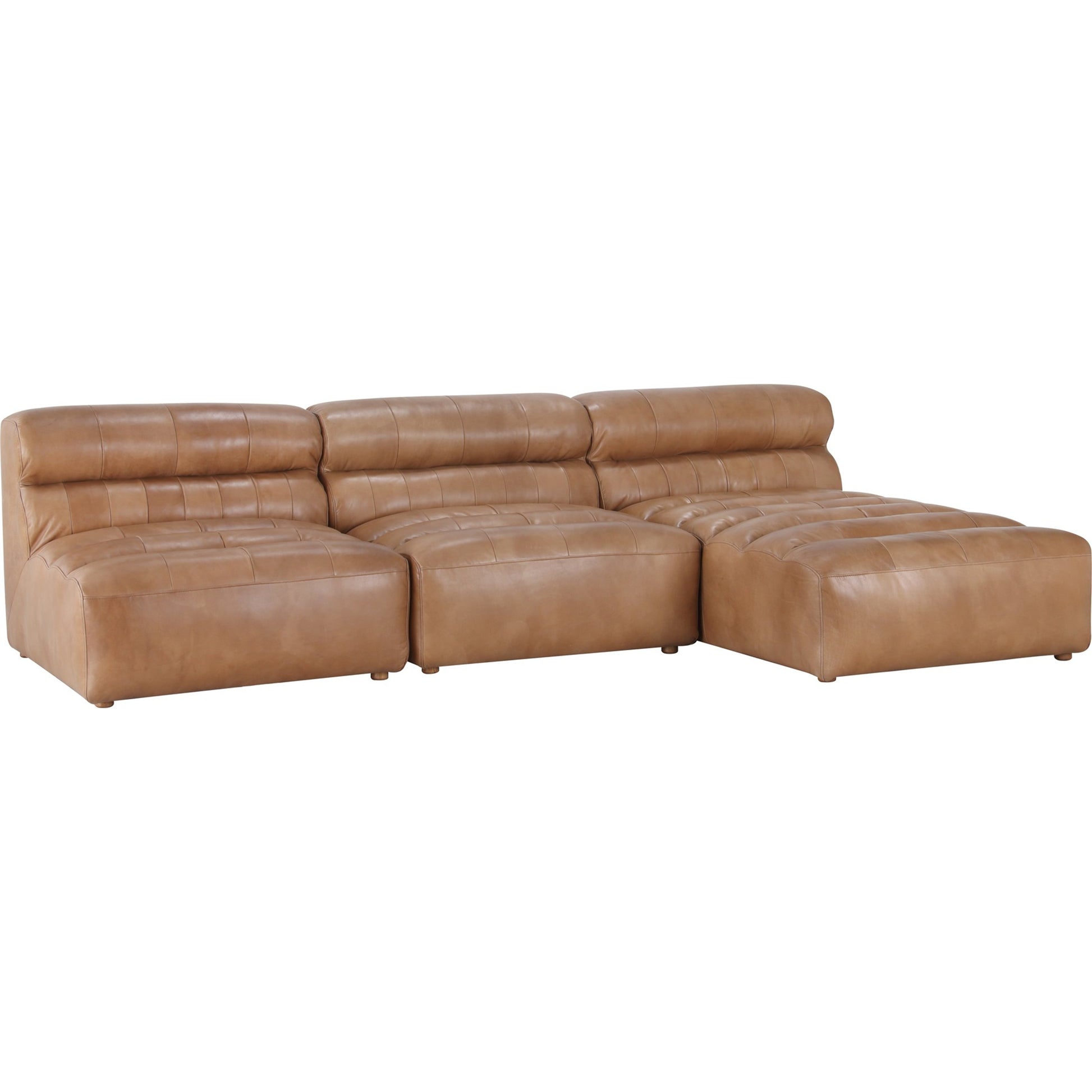Ramsay Modular Sectional by Moe's Home Collection in brown. Made from upholstery: top-grain buffalo leather, feather, fiber-fill topper foam, solid pine, plywood frame, foam in a modern style.
