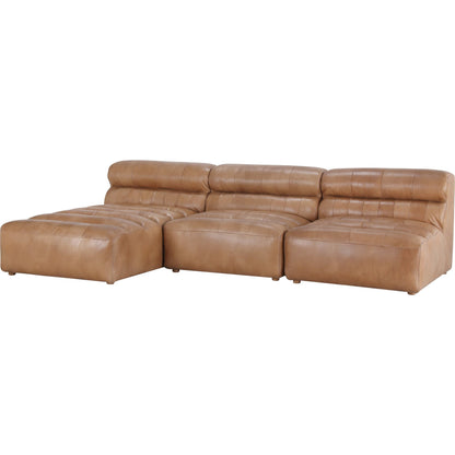 Ramsay Modular Sectional by Moe's Home Collection in brown. Made from upholstery: top-grain buffalo leather, feather, fiber-fill topper foam, solid pine, plywood frame, foam in a modern style.