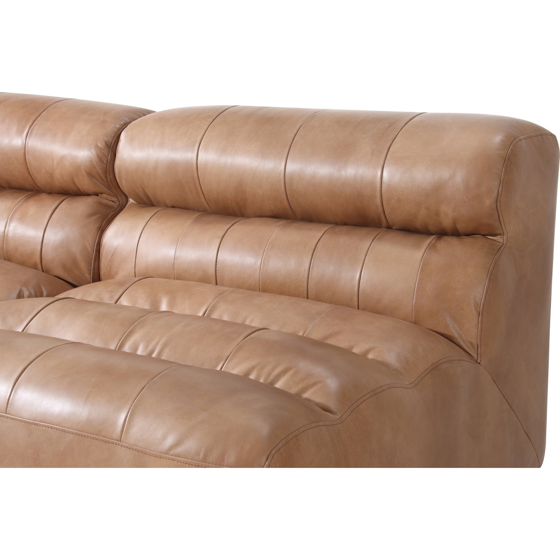 Ramsay Modular Sectional by Moe's Home Collection in brown. Made from upholstery: top-grain buffalo leather, feather, fiber-fill topper foam, solid pine, plywood frame, foam in a modern style.