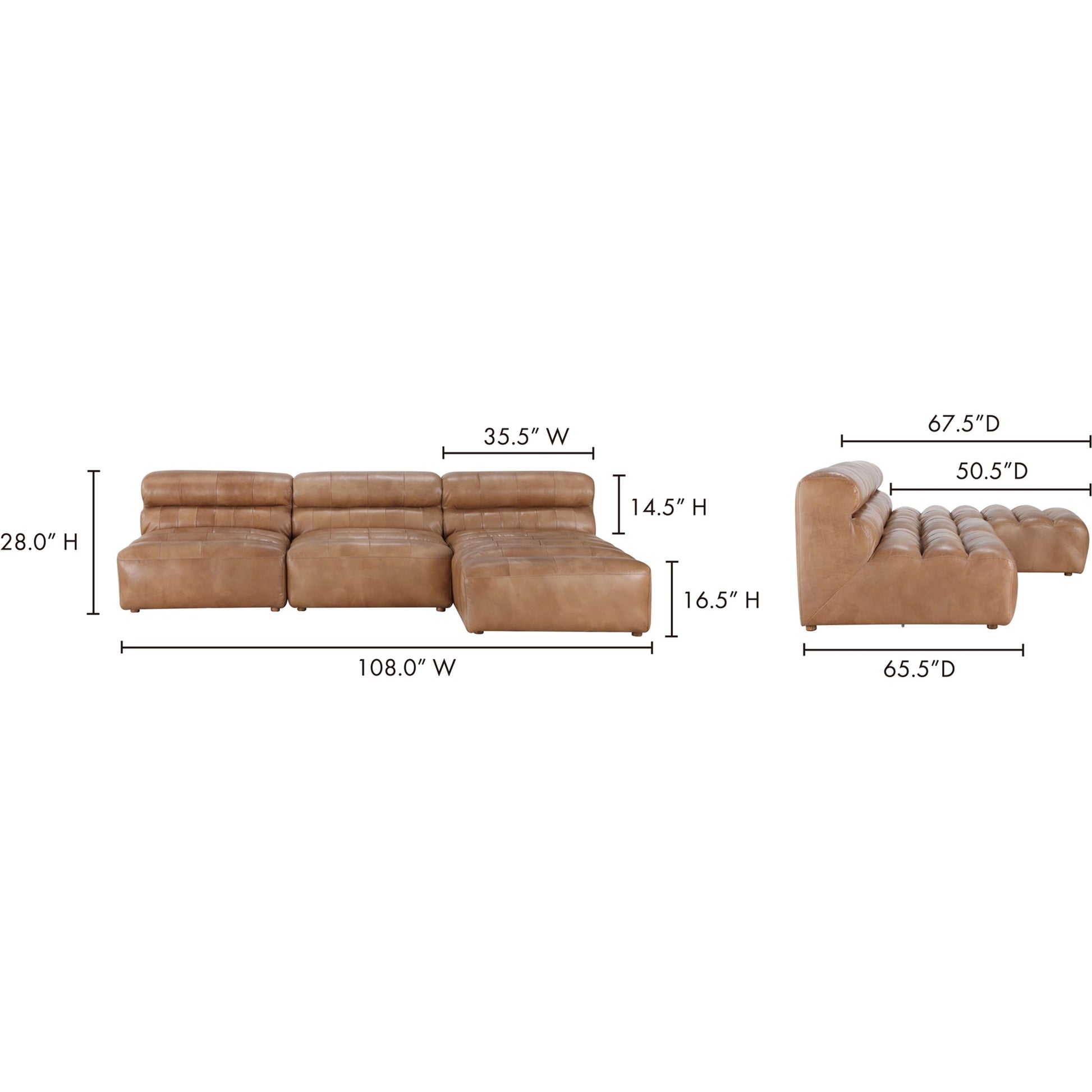 Ramsay Modular Sectional by Moe's Home Collection in brown. Made from upholstery: top-grain buffalo leather, feather, fiber-fill topper foam, solid pine, plywood frame, foam in a modern style.