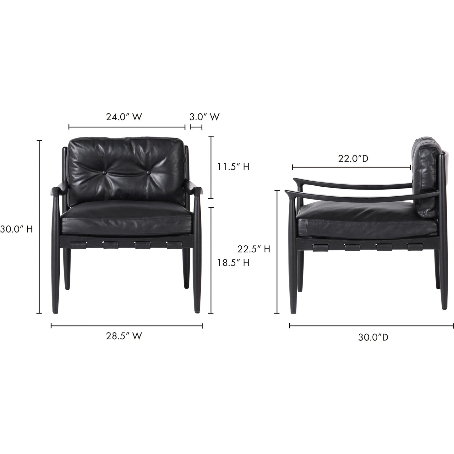 011 SI-1717400 | Lifestyle | Turner Chair by Moe's Home Collection in black. Made from ash wood frame, top-grain buffalo leather, foam cushion with a feather wrap in a modern style.