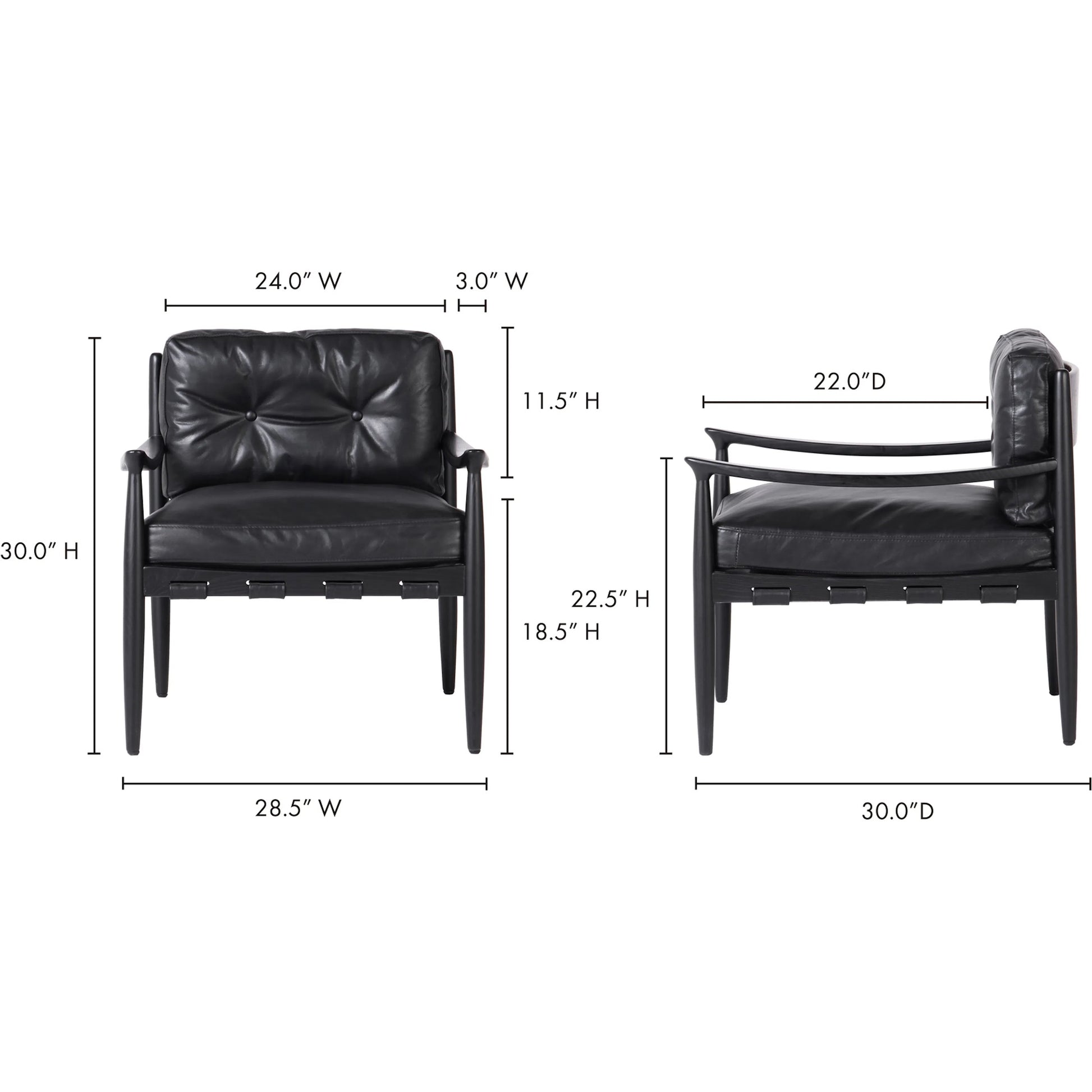 Turner Chair by Moe's Home Collection in black. Made from ash wood frame, top-grain buffalo leather, foam cushion with a feather wrap in a modern style.