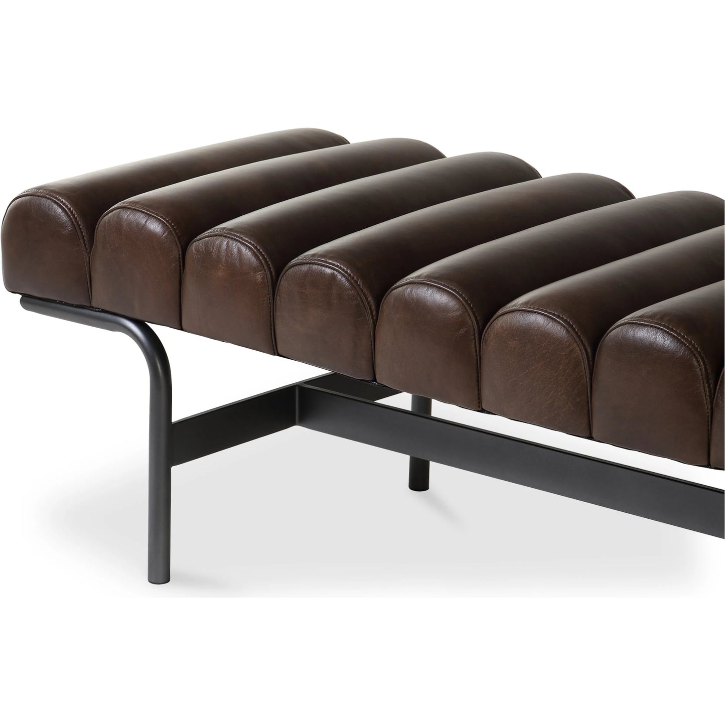 011 SI-2253769 | Closeup | Harrison Bench by Moe's Home Collection. Made from upholstery: top, grain buffalo leather, iron frame in a traditional style.