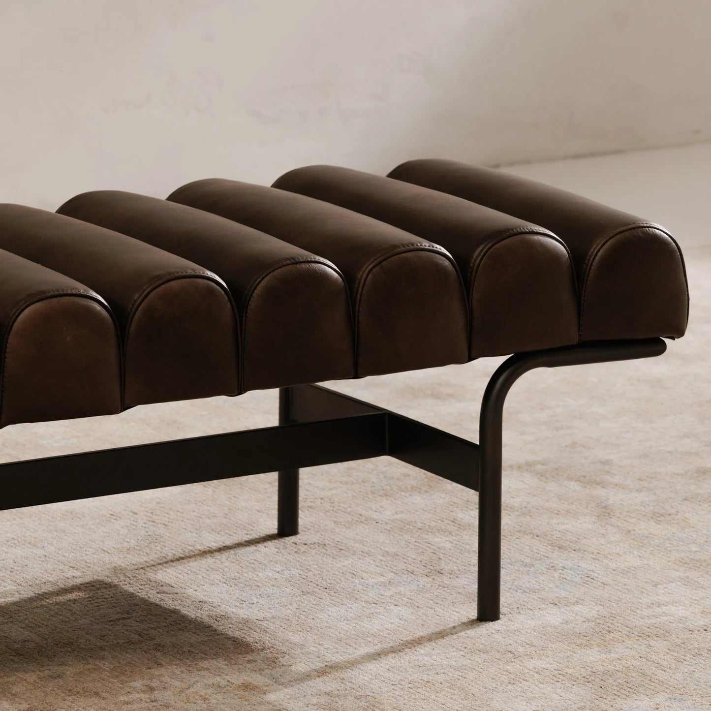 016 SI-2253769 | Lifestyle | Harrison Bench by Moe's Home Collection. Made from upholstery: top, grain buffalo leather, iron frame in a traditional style.